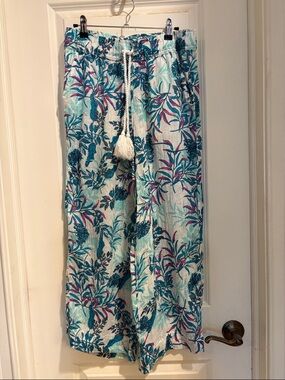 Cynthia Rowley Teal and Aqua Tropical Print linen pants size medium